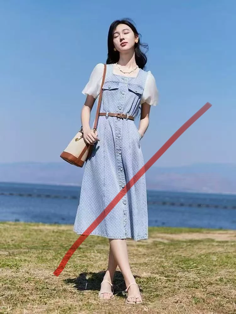 香 短袖印花新中式风格气质牛仔连衣裙女夏季显瘦裙子