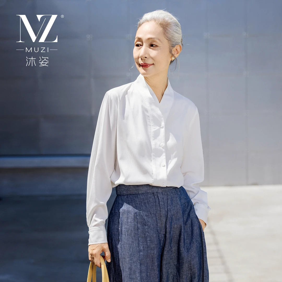 沐姿新款长袖女式衬衫气质优雅白色小衫新中式设计师款上衣