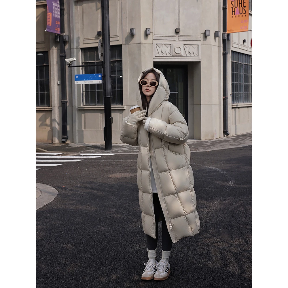 张贝贝ibell【省钱风】冬白鸭绒长款过膝羽绒服保暖连帽加厚外套
