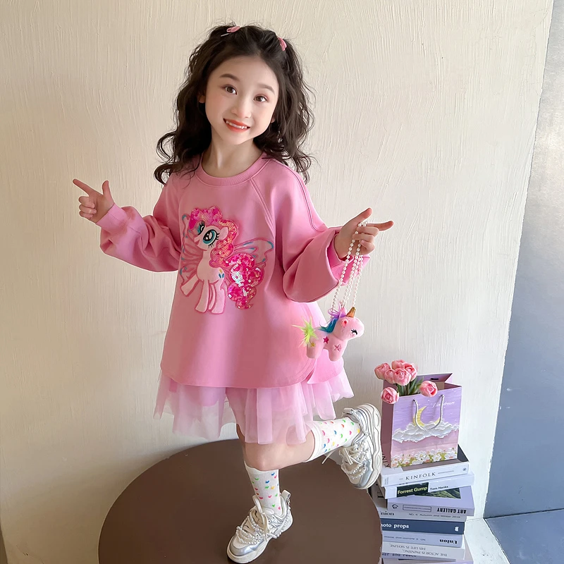 女童小马卫衣裙2025新款儿童春秋装韩版洋气女宝宝春季网纱连衣裙