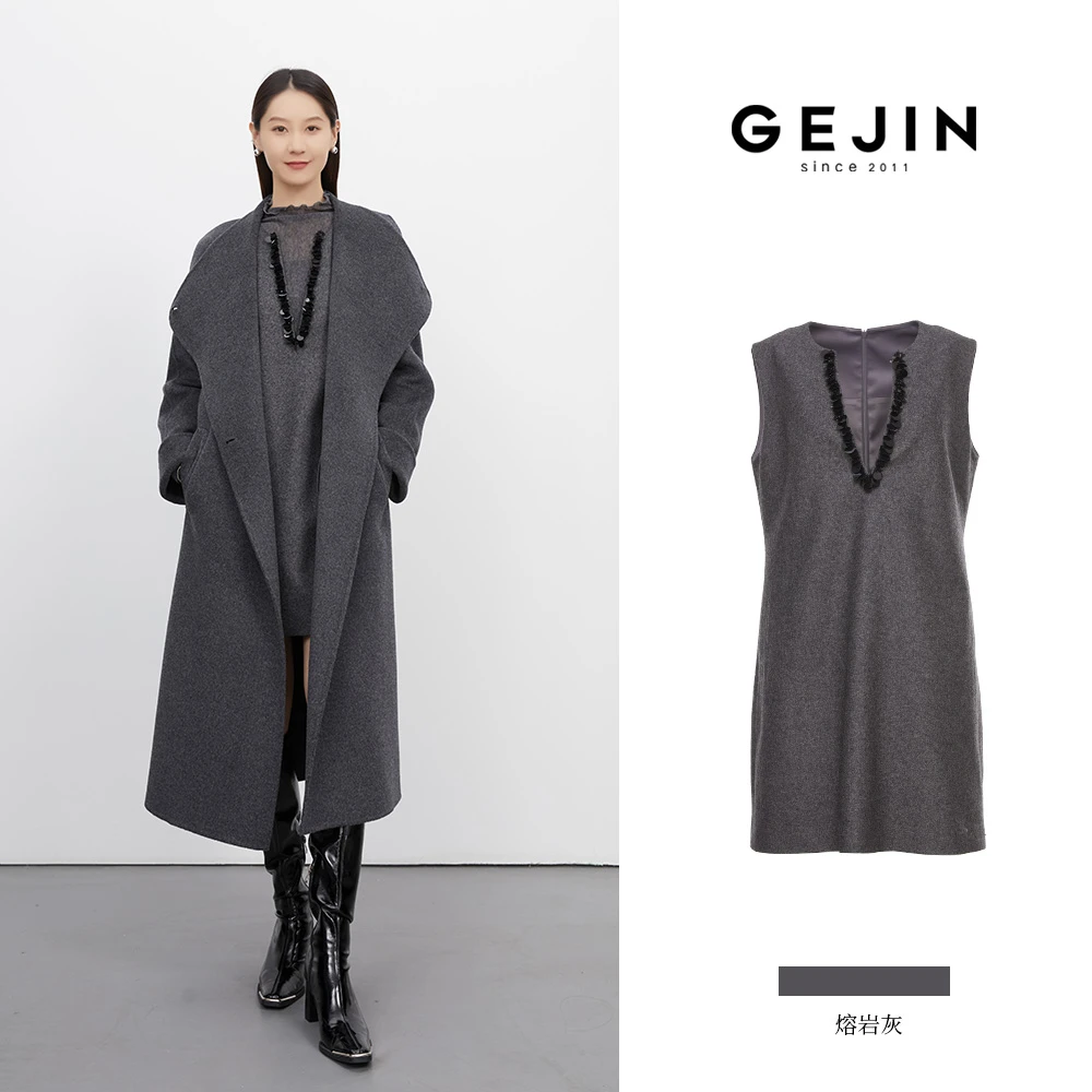 GEJIN/歌锦初冬上新老钱风无袖亮片复古V领时尚连衣裙9412552526