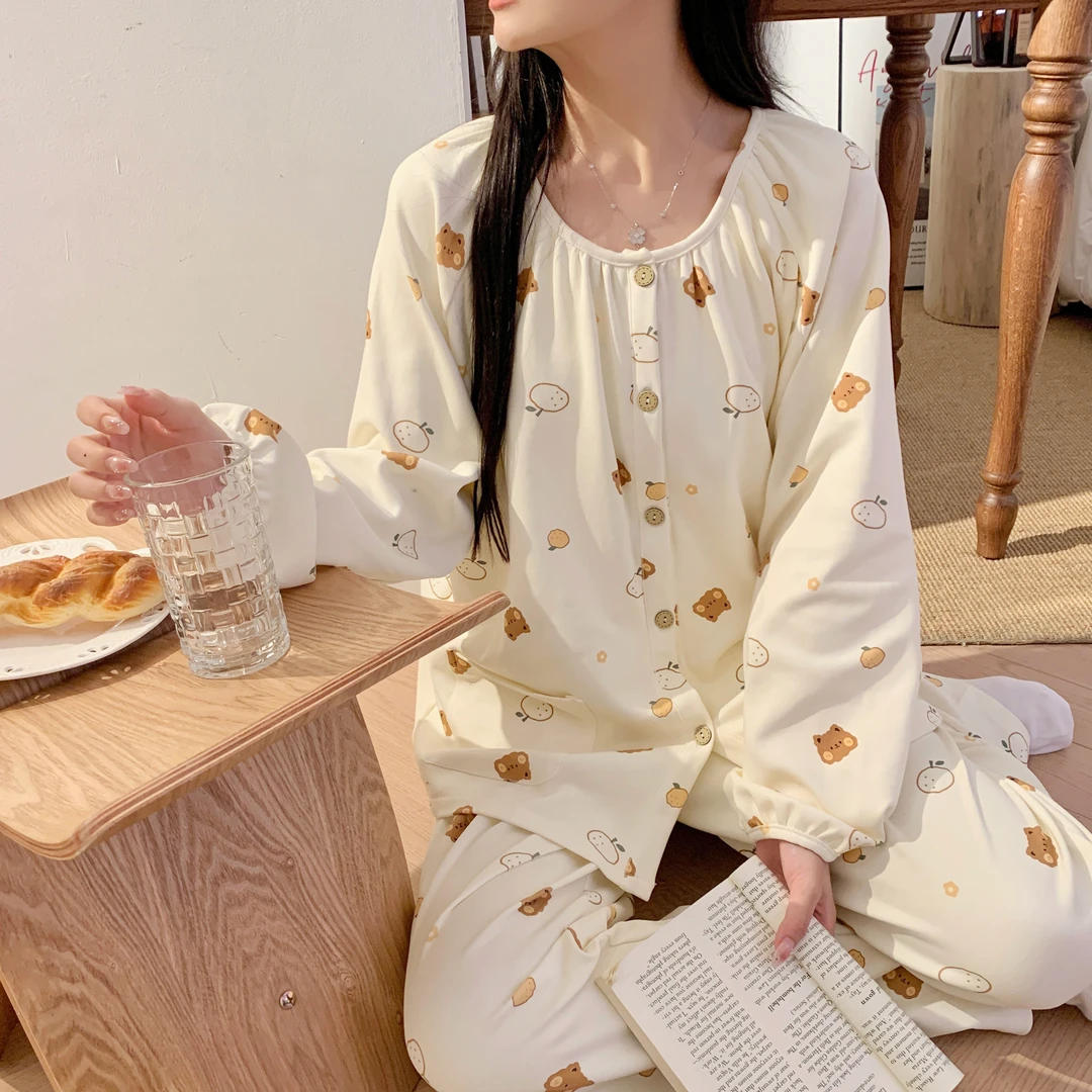 孕妇睡衣女春秋款纯棉带胸垫长袖家居服免穿内衣长裤春夏季月子服