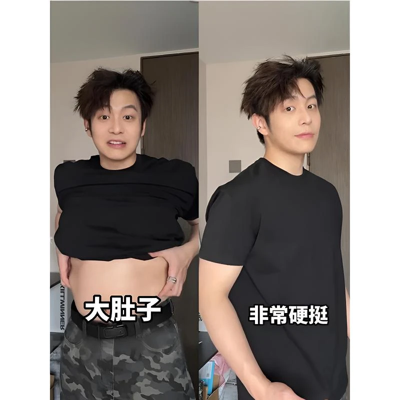 黑色美式正肩短袖男款夏季修身收袖口微胖男生穿搭t恤运动打底衫