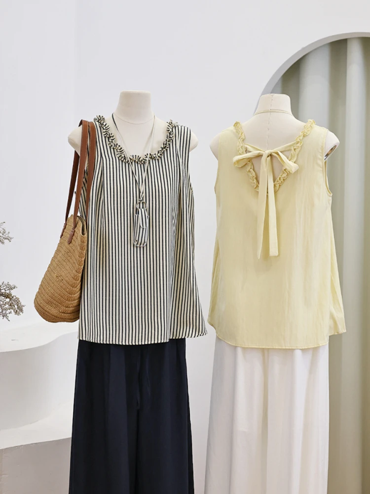 1265高级感U领木耳边无袖背心衬衫女夏季薄款小个子宽松气质小衫