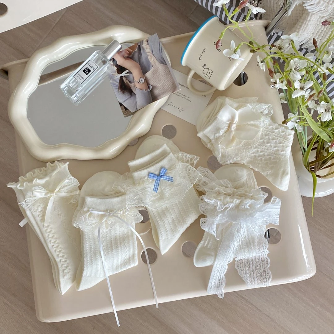 白色蝴蝶结袜子女中筒夏季薄款洛丽塔棉袜JK日系蕾丝花边甜美女袜