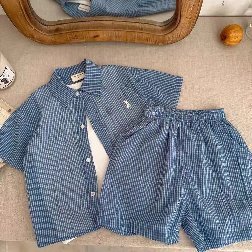 儿童衬衫套装男短袖夏季款小童格子短裤纱布宝宝衬衣两件套女薄款