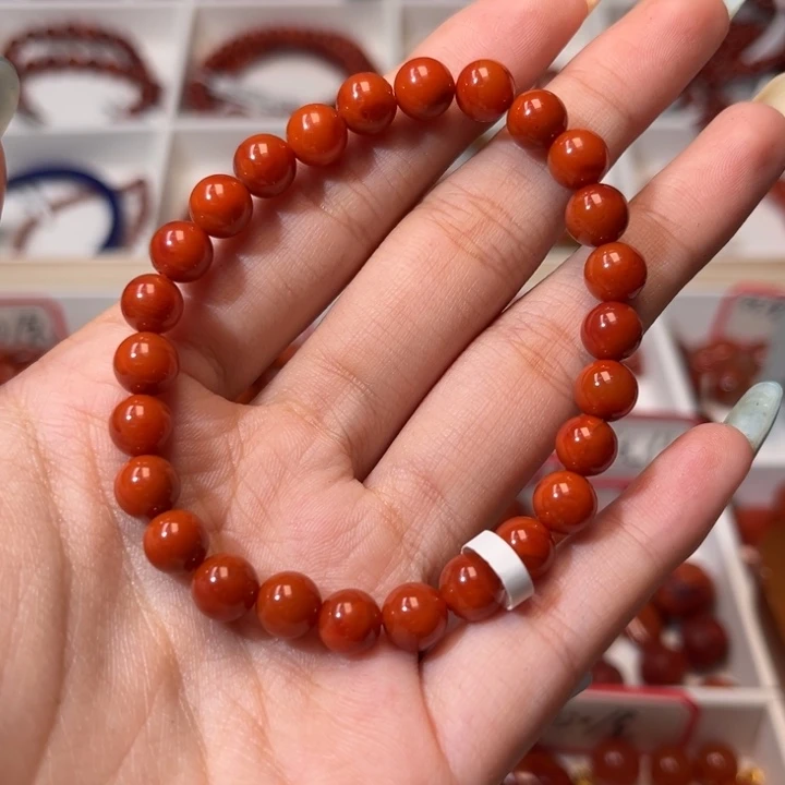 南红玛瑙未镶嵌手链满肉柿子红圆珠7mm