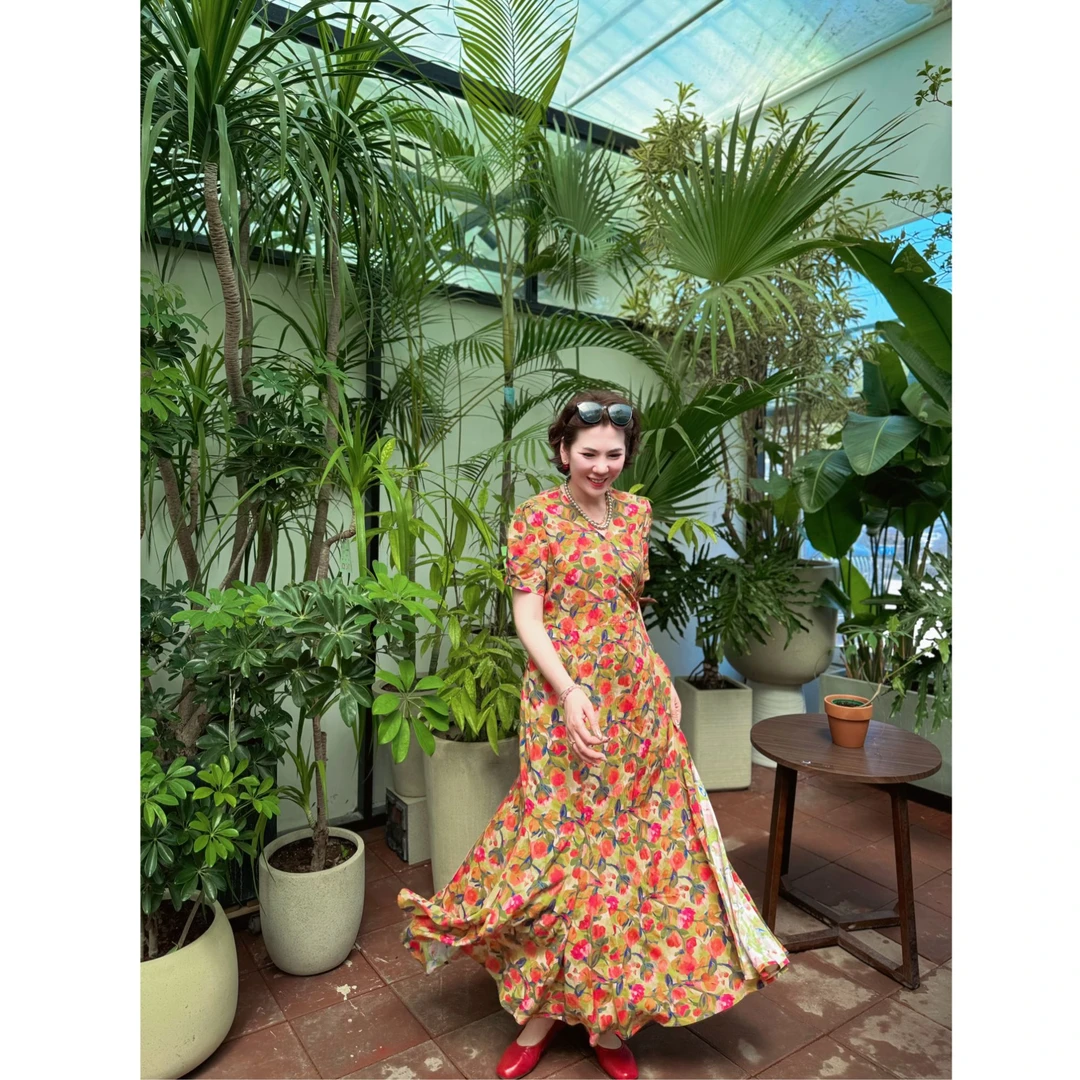 木子静−「花田喜事」一条韵味十足 有设计感的棉绸连衣裙-B