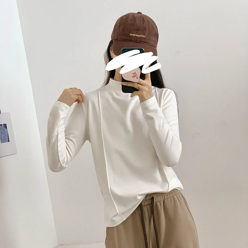 胖MM双面磨毛德绒T恤2023新款秋冬宽松打底显瘦大码高领长袖上衣