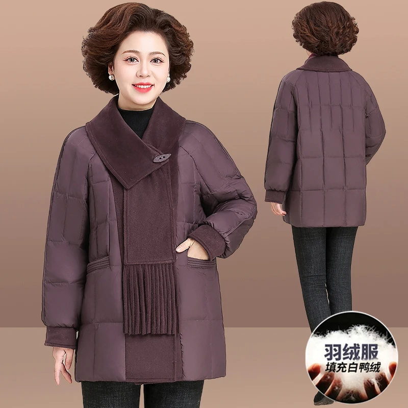 中长款冬季妈妈装外套新款围巾领气质白鸭绒保暖休闲羽绒服女