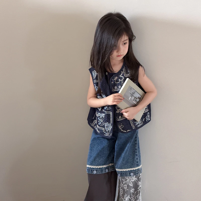 【安安家】女童针织吊带刺绣牛仔马甲春夏设计感牛仔裤套装R26123