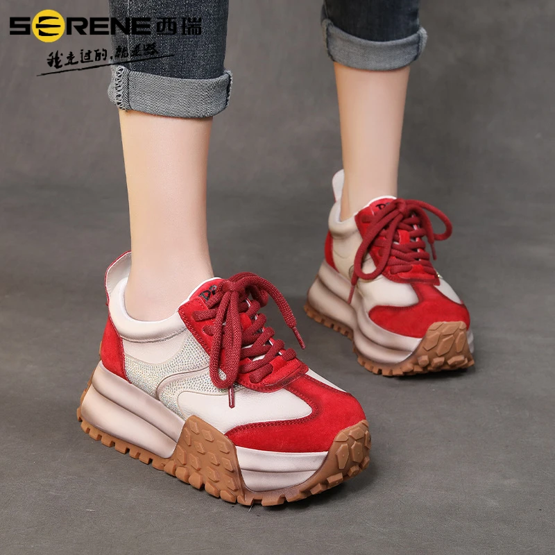西瑞增高厚底老爹鞋女2025年秋季新款百搭系带休闲运动女鞋
