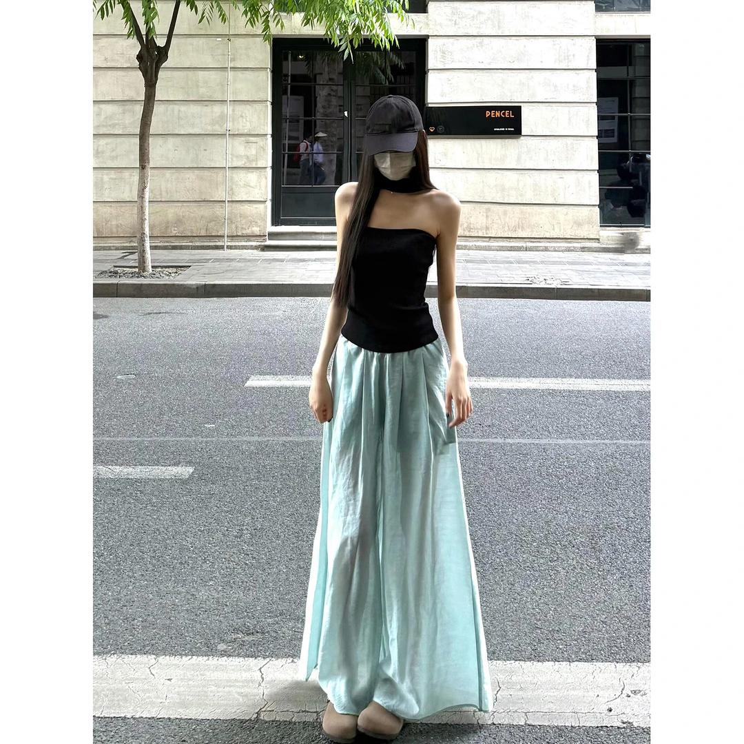 现货 一字领挂脖夏季无袖挂脖针织背心内搭女吊带阔腿裤两件套装