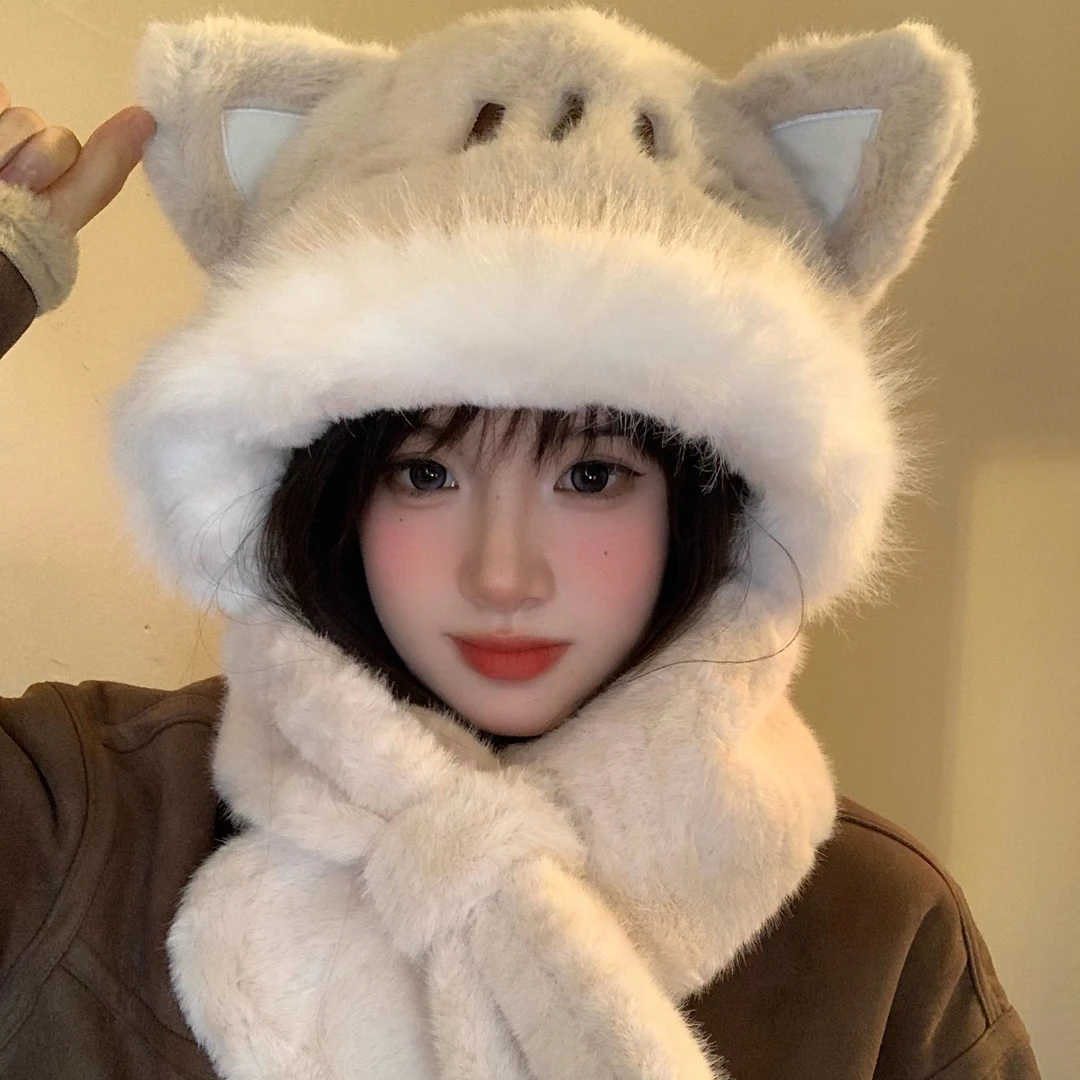 日系可爱小猫帽子围巾一体加厚女秋冬季保暖百搭毛绒护耳雷锋帽cy