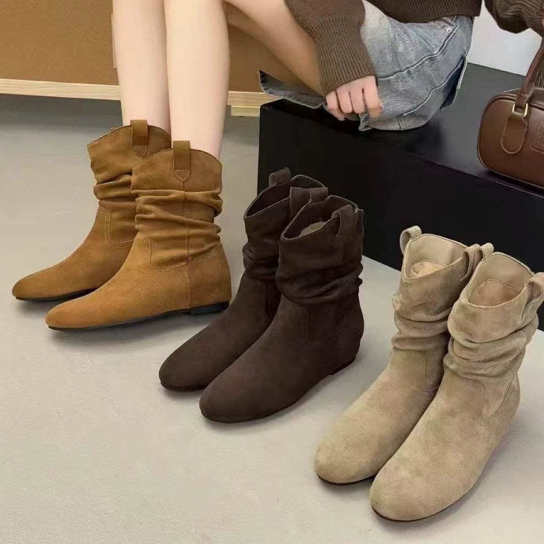 宜美多家 内增高复古切尔西圆头短筒堆堆靴86