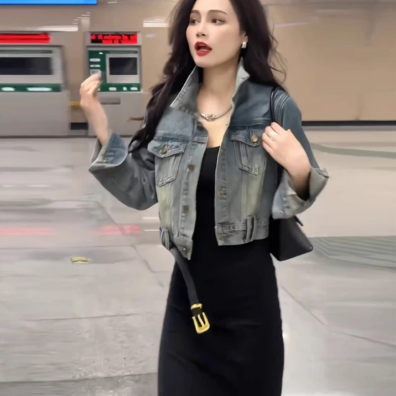 复古做旧水洗牛仔外套女春秋季欧货时尚个性别致显瘦短款夹克上衣