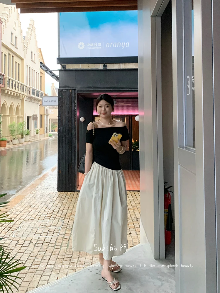 【暮色月光】夏季气质时尚拼接一字肩连衣裙女显瘦百搭休闲中长裙