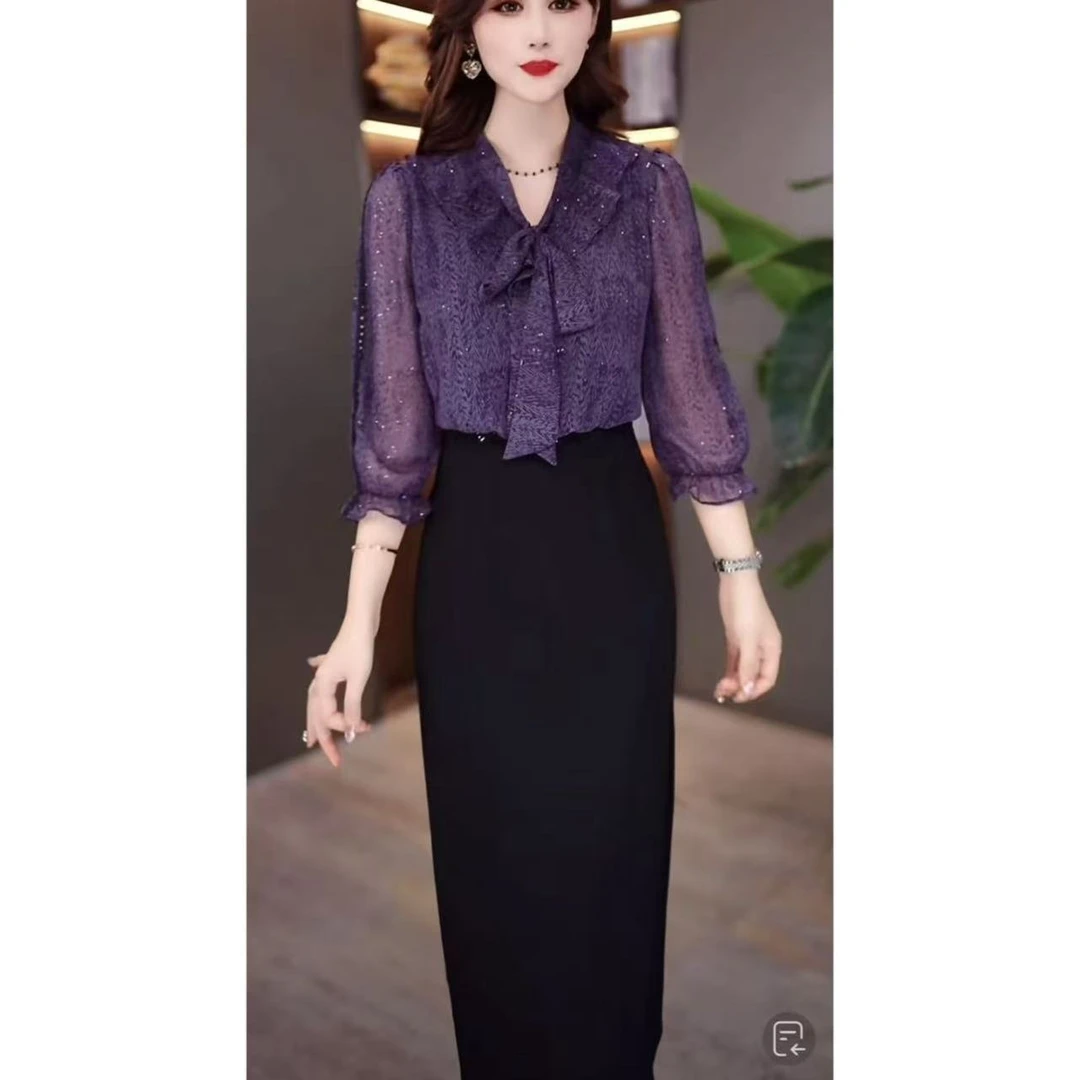 高档时尚气质假两件拼接连衣裙女2025秋季新款减龄显瘦遮肉中长裙