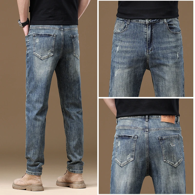 潮牌复古蓝色男夏季新款修身小脚休闲百搭弹力春夏裤男