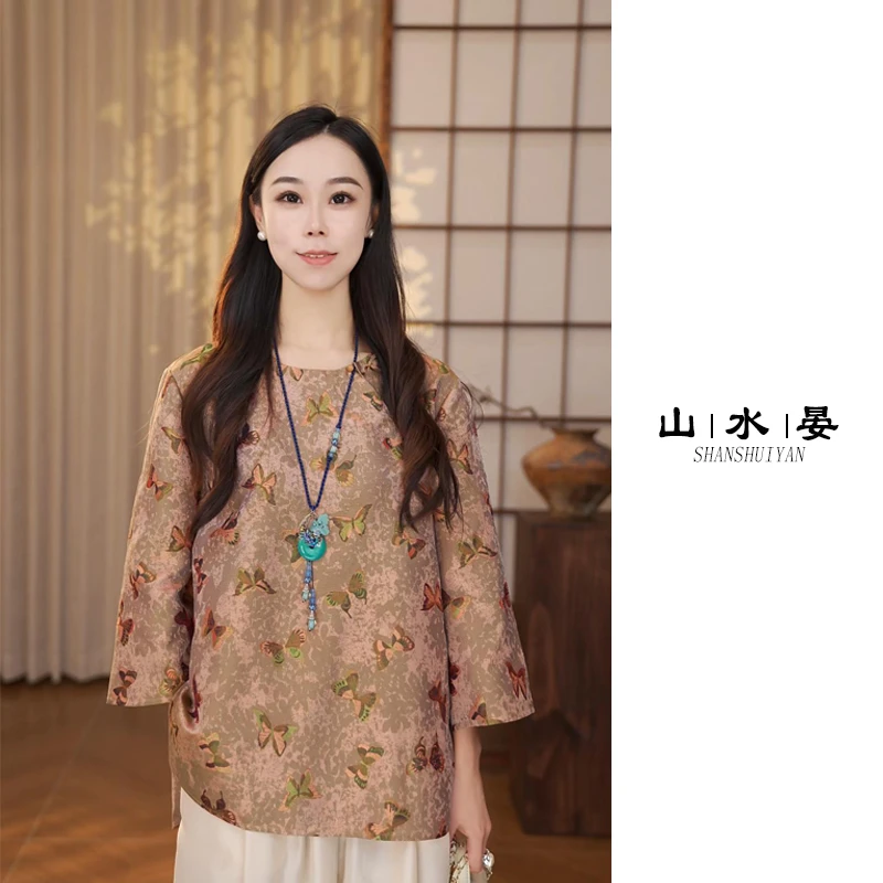 新中式薄款桑蚕丝真丝圆领百搭宽松减龄显瘦长袖上衣HY5057S