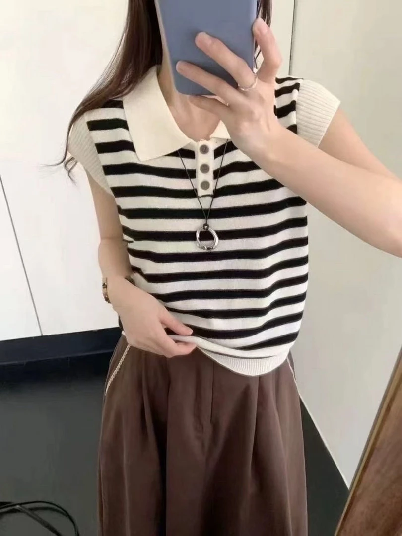 西装针织内搭短袖女款女欧美风polo毛针织衫晕染条纹