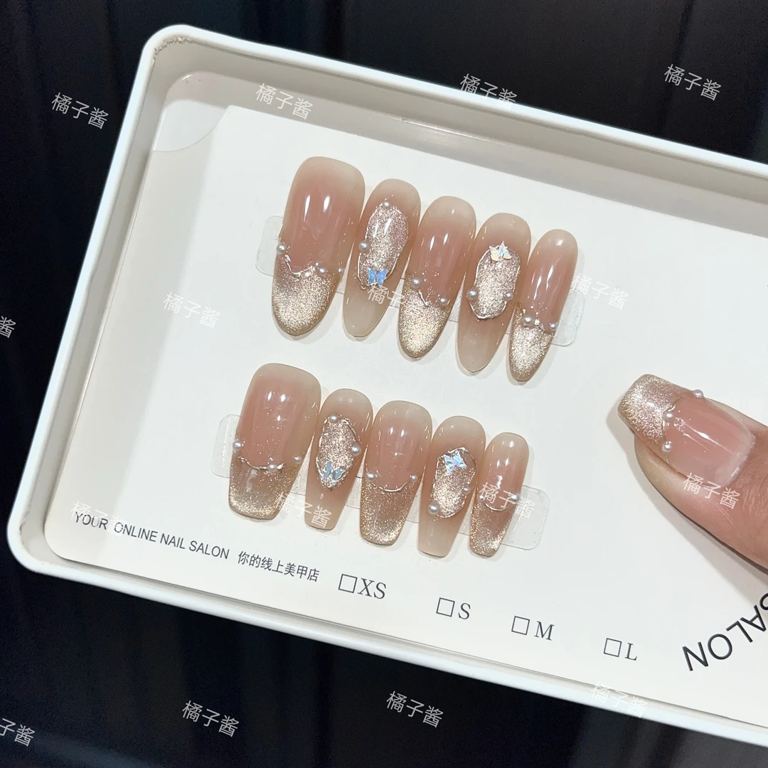 纸醉金迷纯手工穿戴甲时尚清新纯欲高级感成品过年款显白猫眼美甲