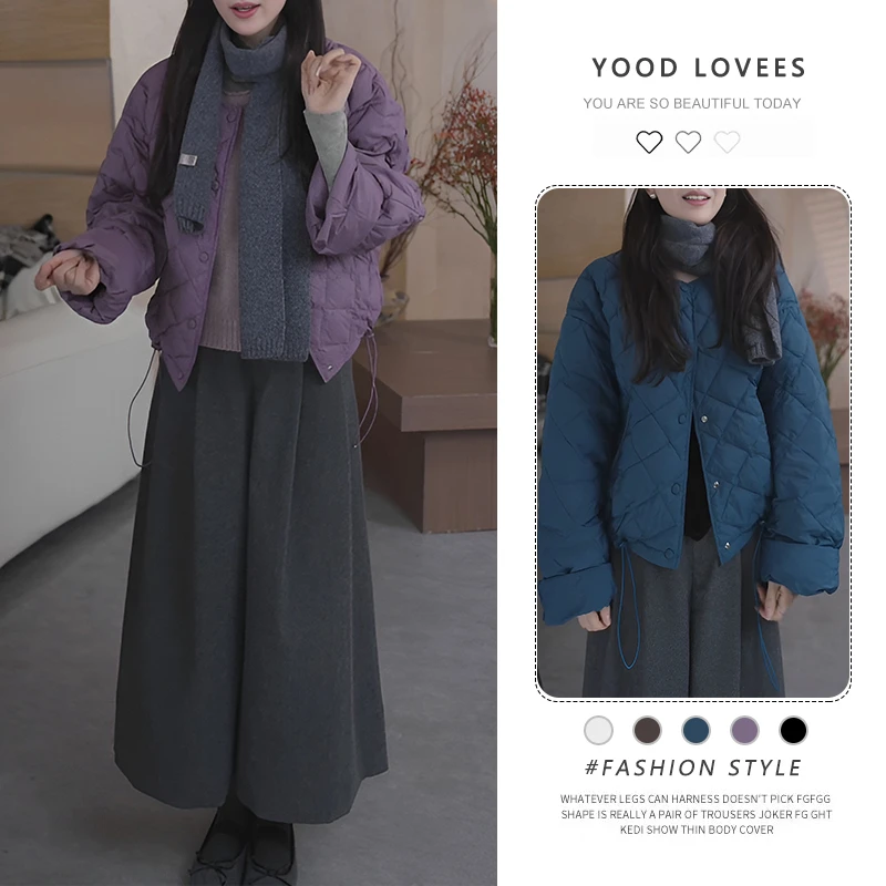 2025冬季新款高级感纯色圆领菱格棉服棉衣外套休闲裤两件套装女