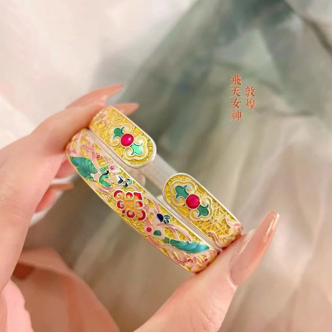 足银手镯 33克足银999.9国潮珐琅彩花丝底敦煌飞天女神手镯