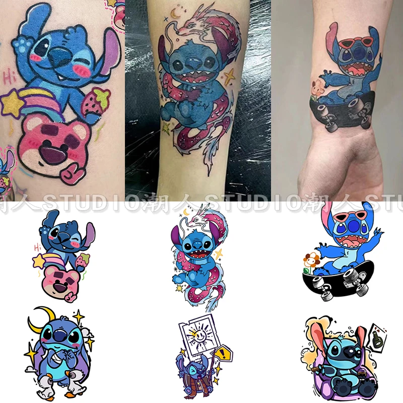 新款可爱卡通个性史迪仔彩色纹身贴持久防水逼真可水洗男女通用