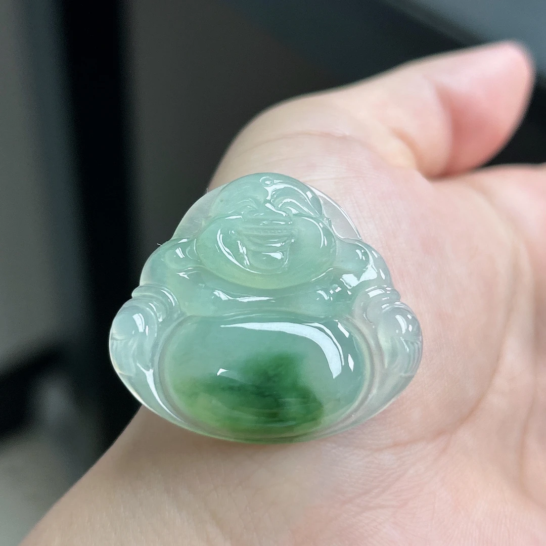 缅甸天然A货翡翠糯冰飘绿花佛公吊坠肚里藏金30.5×34.2×6.1