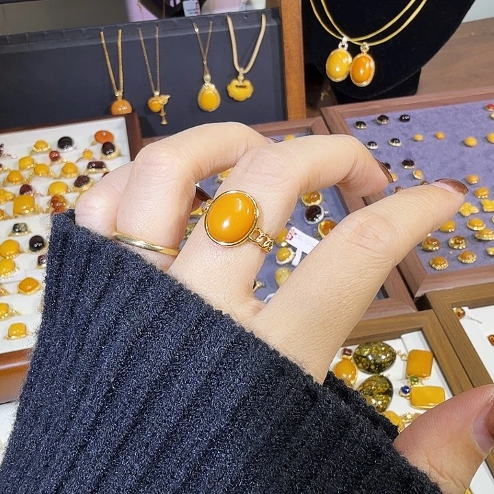 蜜蜡银S925镀金镶嵌戒指蜜蜡戒指