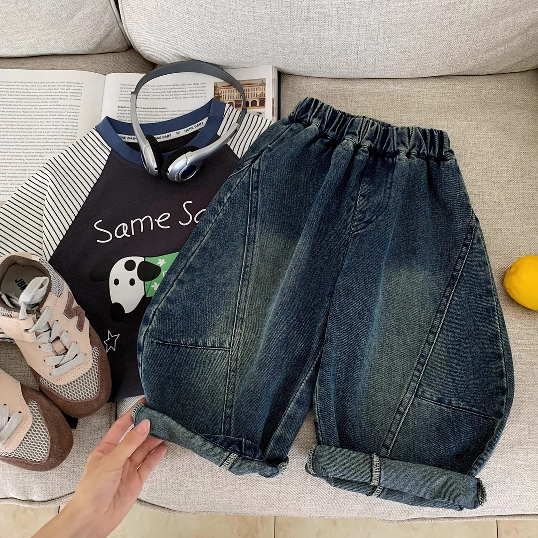 男童牛仔裤春秋2025新款儿童牛仔拼接弯刀裤小男孩秋装时髦裤子潮