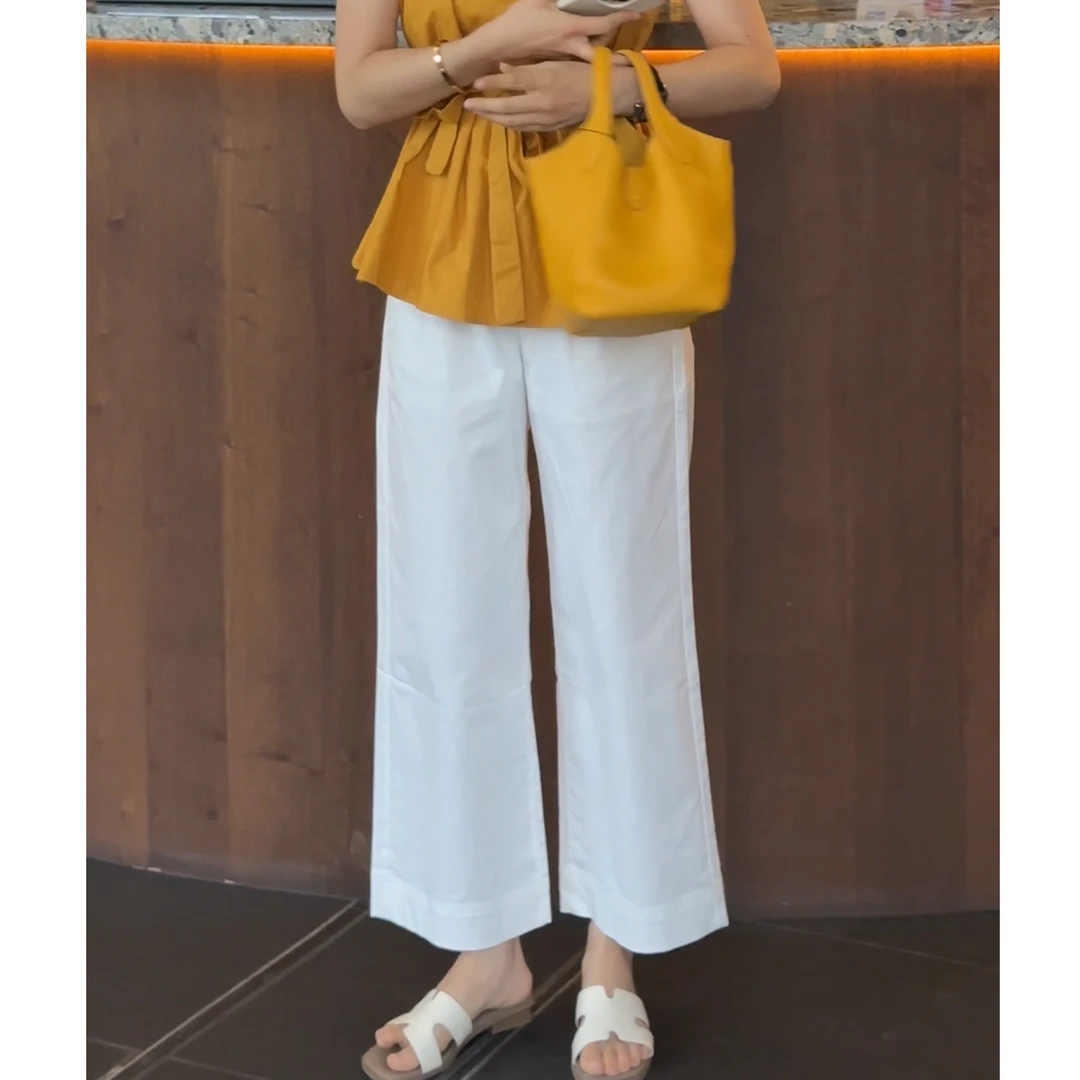 艾塔莉时尚百搭阔腿裤子夏季新款蕾丝拼接直筒九分窄版显瘦休闲裤