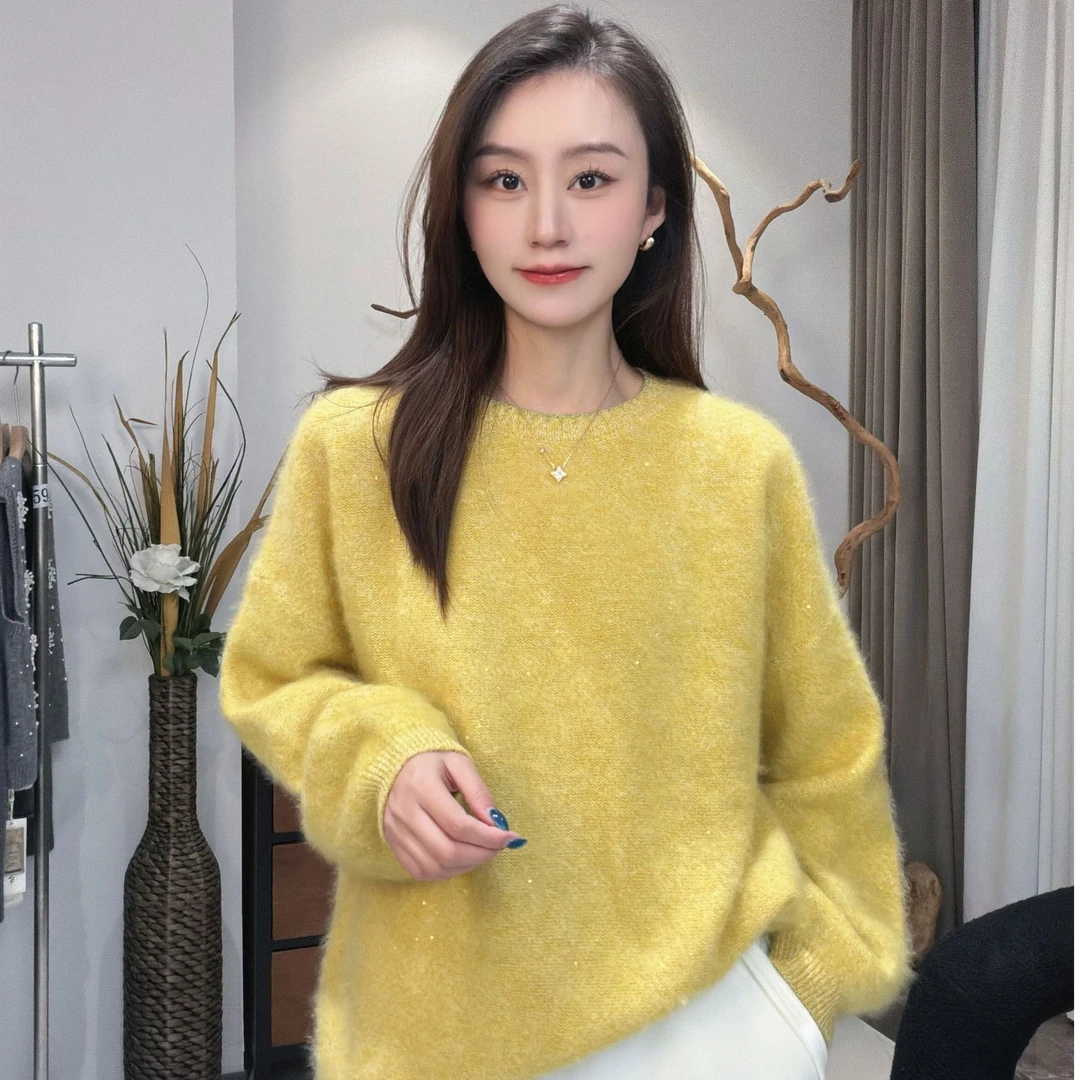 羊绒羊毛拉绒圆领宽松加厚针织衫秋冬保暖百搭上衣YX155