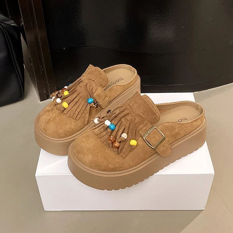 勃肯拖鞋女外穿2025年早秋新款流苏串珠厚底懒人一脚蹬包头半拖鞋