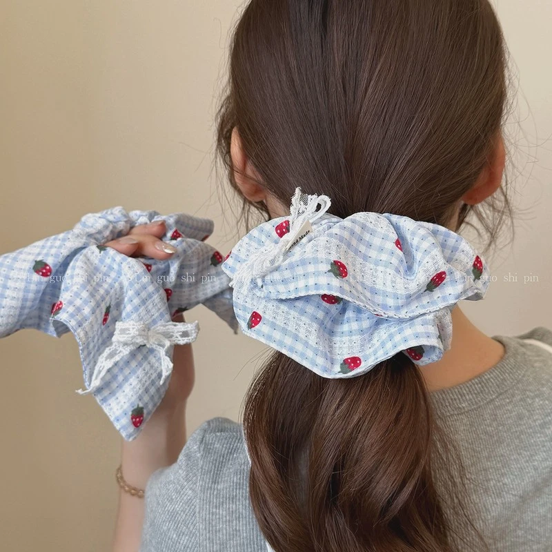 韩国草莓彩色格子蕾丝大肠发圈夏季甜美时尚质感头绳发饰百搭头绳