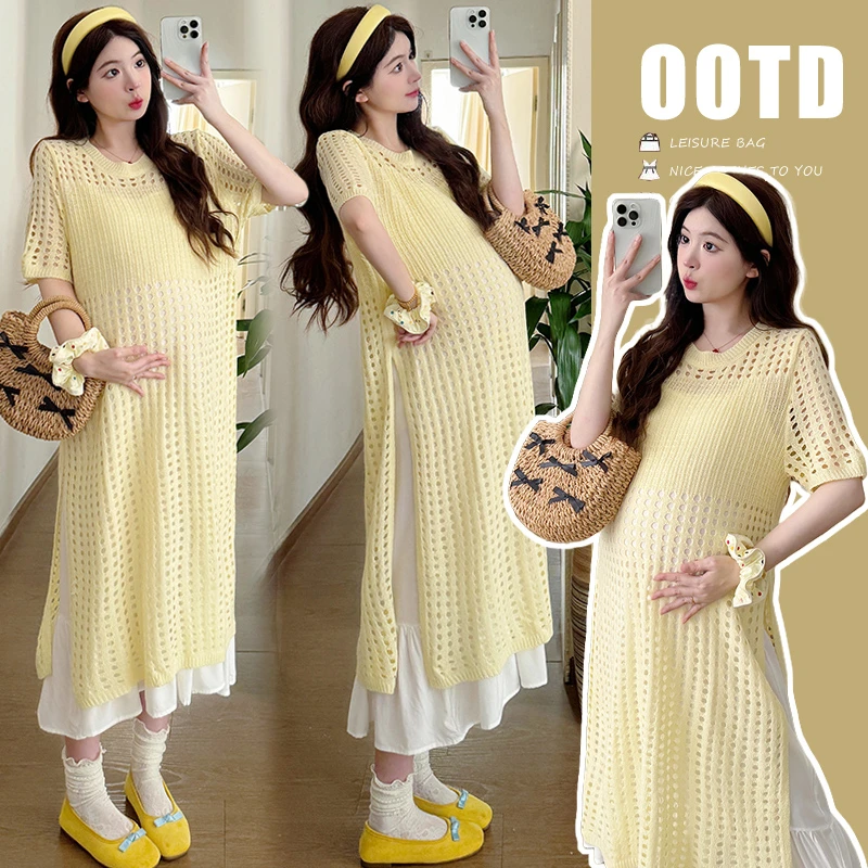 孕妇夏装套装2025新款时尚圆领短袖镂空罩衫吊带裙两件套连衣裙夏