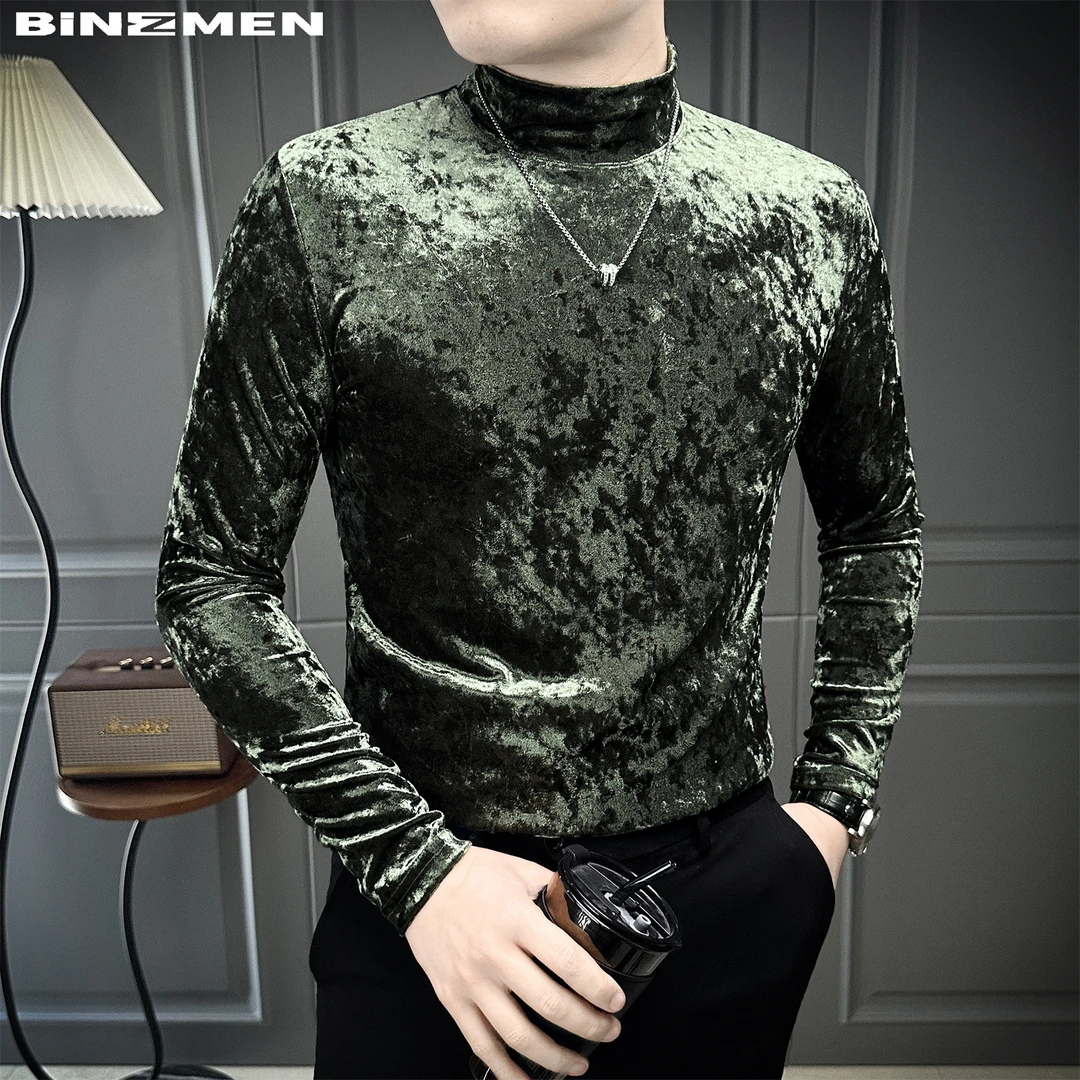 轻熟风金丝绒2025帅气打底衫男款痞帅高级感半高领男士打底衣内搭