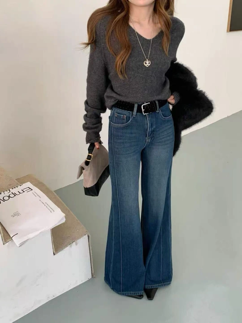 【XISHI】冬季加绒高腰直筒喇叭长裤 女韩版显瘦不贴腿牛仔裤6271