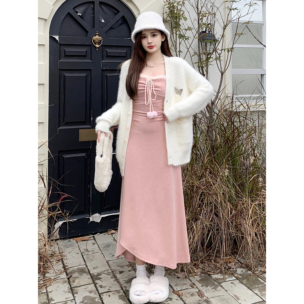 【反季现货】微胖秋冬法式气质收腰连衣裙显瘦设计感毛衣套装8597