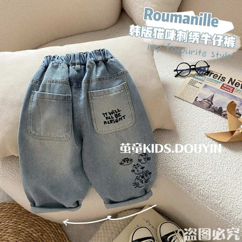 【麦麦妈】C325春季小童猫咪刺绣牛仔裤春秋新品韩版休闲潮酷裤子