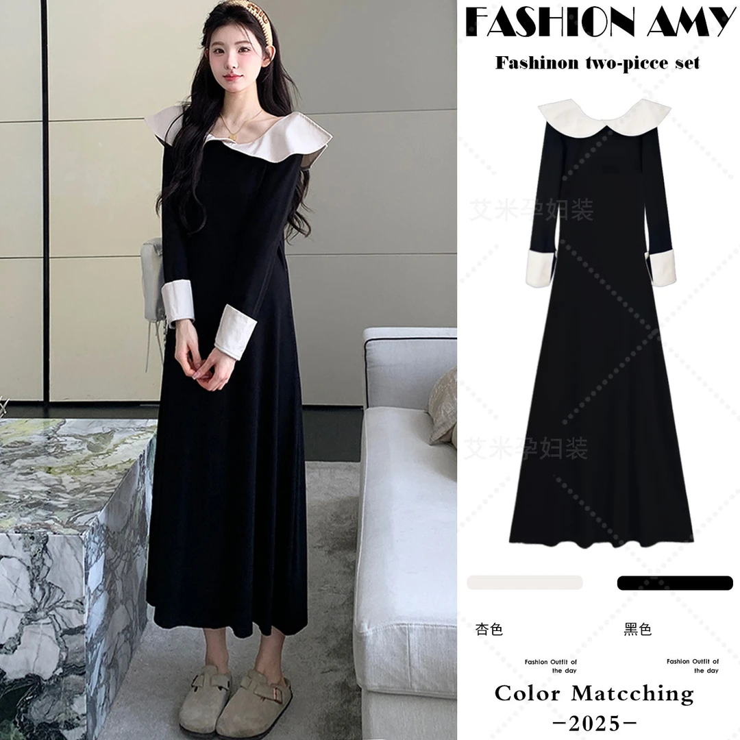 孕妇连衣裙秋季新款时尚法式气质高级感撞色拼接荷叶边显瘦内搭裙