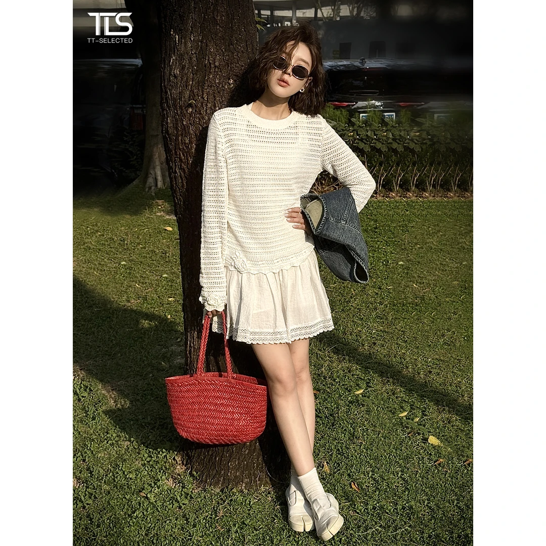 TT【南法裙】春夏亚麻+真丝镂空蕾丝高腰百褶半裙1001