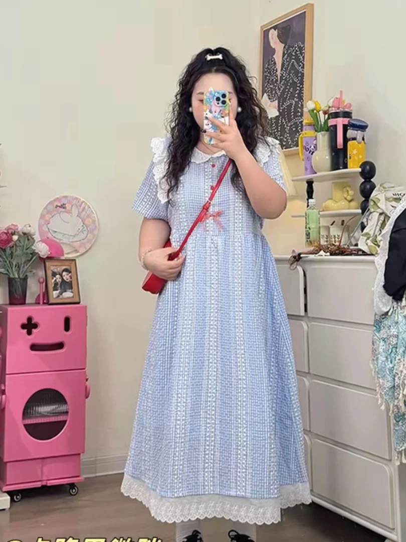 大码夏季短袖微胖蓝色格子娃娃领上衣短款裙裤两件套