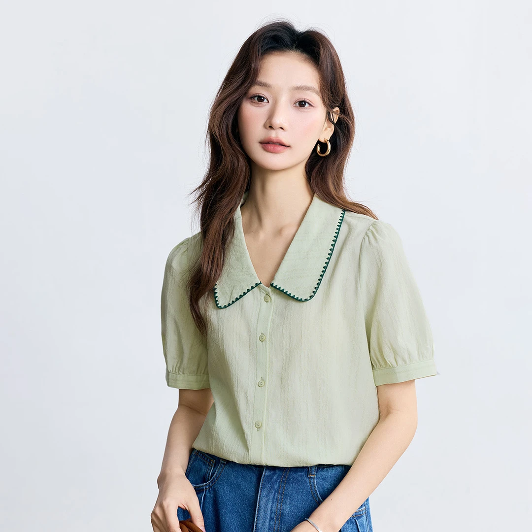 纯棉法式田园撞色翻领衬衣女2025夏季文艺舒适通勤短袖衬衫