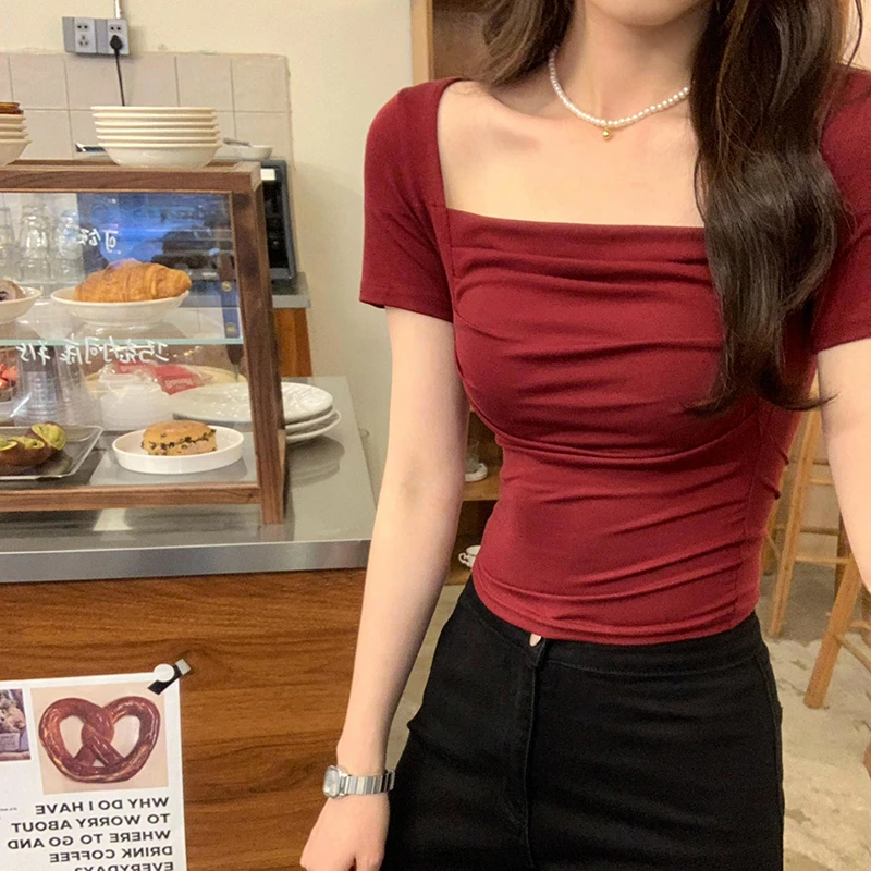 辣妹方领压褶带胸垫修身显瘦短袖T恤女夏季2025新款百搭短款上衣