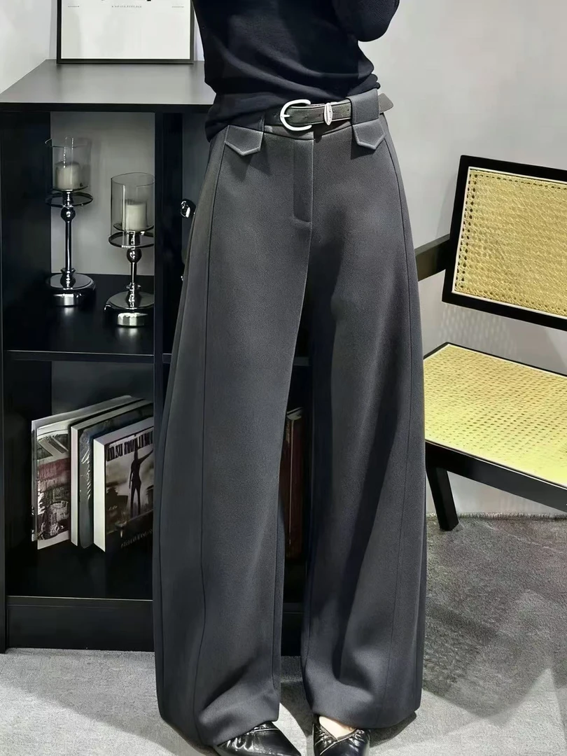 羊毛天丝秋冬新款设计师款高腰显瘦休闲西裤垂感腰带直筒裤L1063