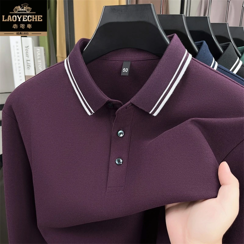 老爷车新款纯棉吸汗长袖polo翻领商务休闲百搭男装拼色正装T恤潮