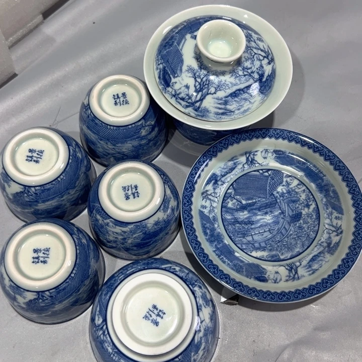 瓷片白青花清明上河图七件套