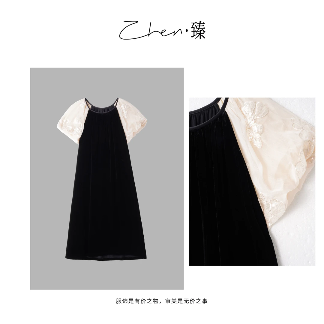 ZHEN.臻 赫本风轻奢手缝刺绣花苞袖小黑裙真丝丝绒连衣裙LYQ8217Z
